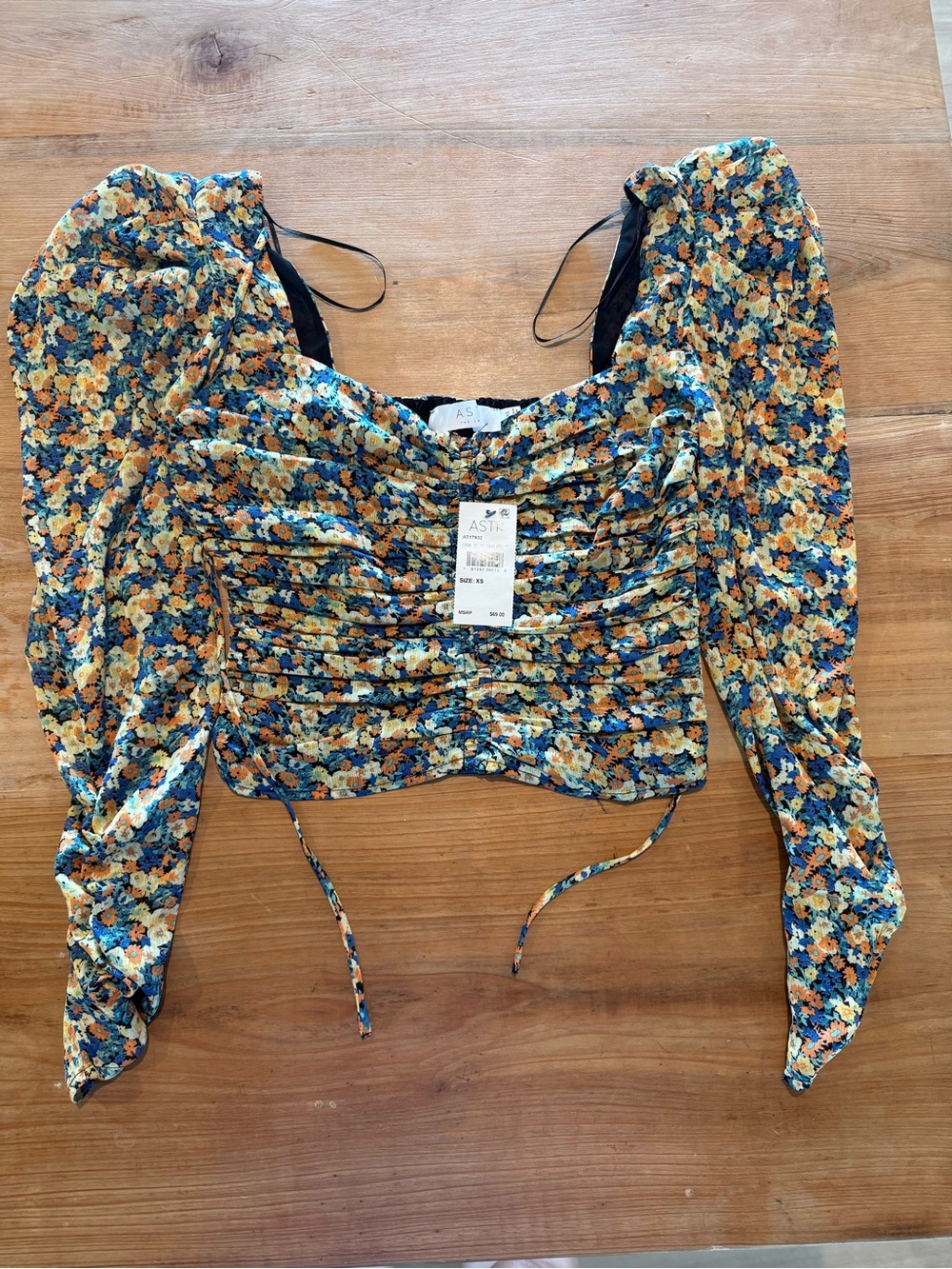 ASTR The Label Floral Ruched Puff Sleeve Crop Top XS NWT